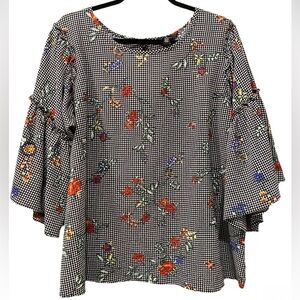 Jules & Leopold Houndstooth Floral Blouse Size XL Boho Bell Sleeve Feminine